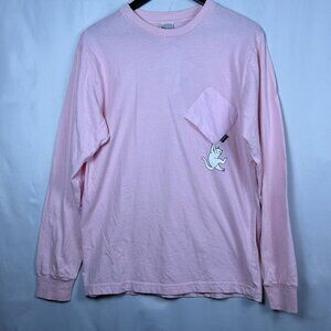 RIPNDIP Men’s Long Sleeve Pocket T-Shirt Size Medium Pink Cat Falling Out NWT